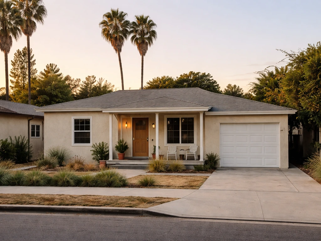 Modest Southern California home exterior with a warm evening glow and palm trees