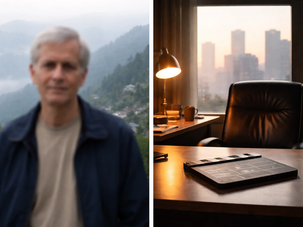 Minimal two-panel comparison: anonymous identity context in Darjeeling landscape and a simple film-set desk scene.