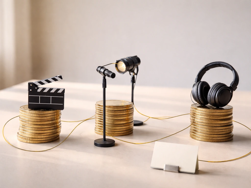 Minimal studio tabletop with three coin stacks and media tools connected by a thin golden thread.