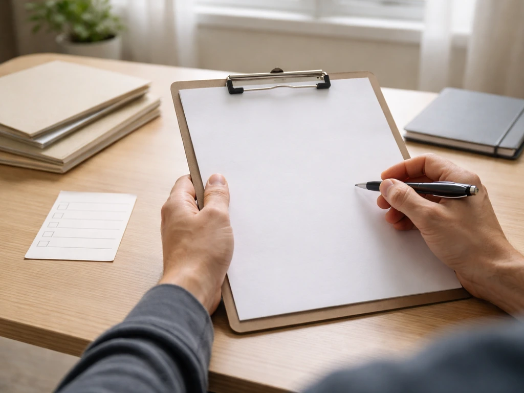 Anonymous hands with a blank clipboard and folders on a simple desk, suggesting no public asset disclosures.