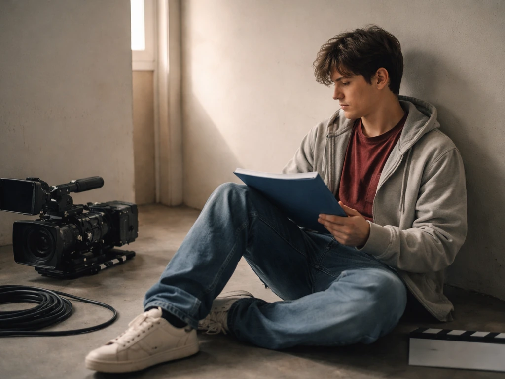 Actor in a simple film set wearing casual costume, seated with a camera on a small tripod.