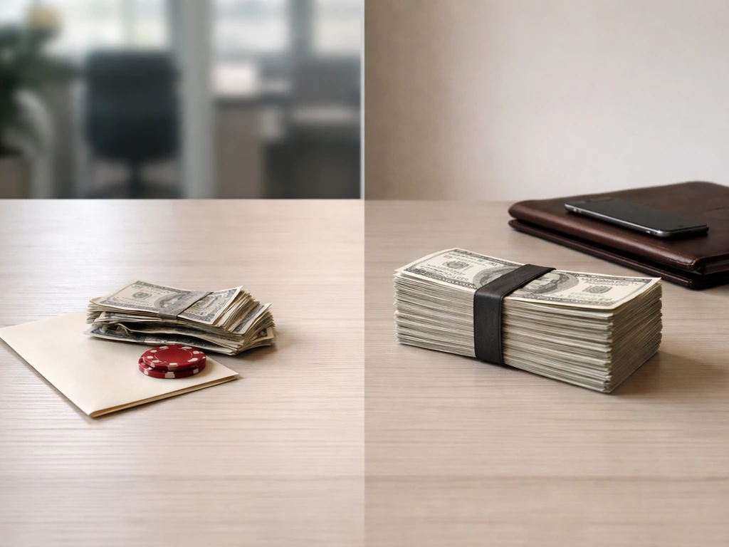 Minimal office desk with small cash bundle on one side and larger wrapped cash bundle on the other.