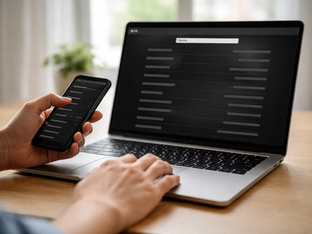 Hands using a phone and laptop to browse a filmography/credits page with role listings.