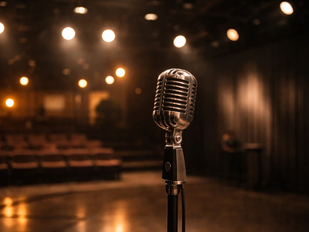 Vintage TV studio microphone in a softly lit studio, suggesting classic television acting income.