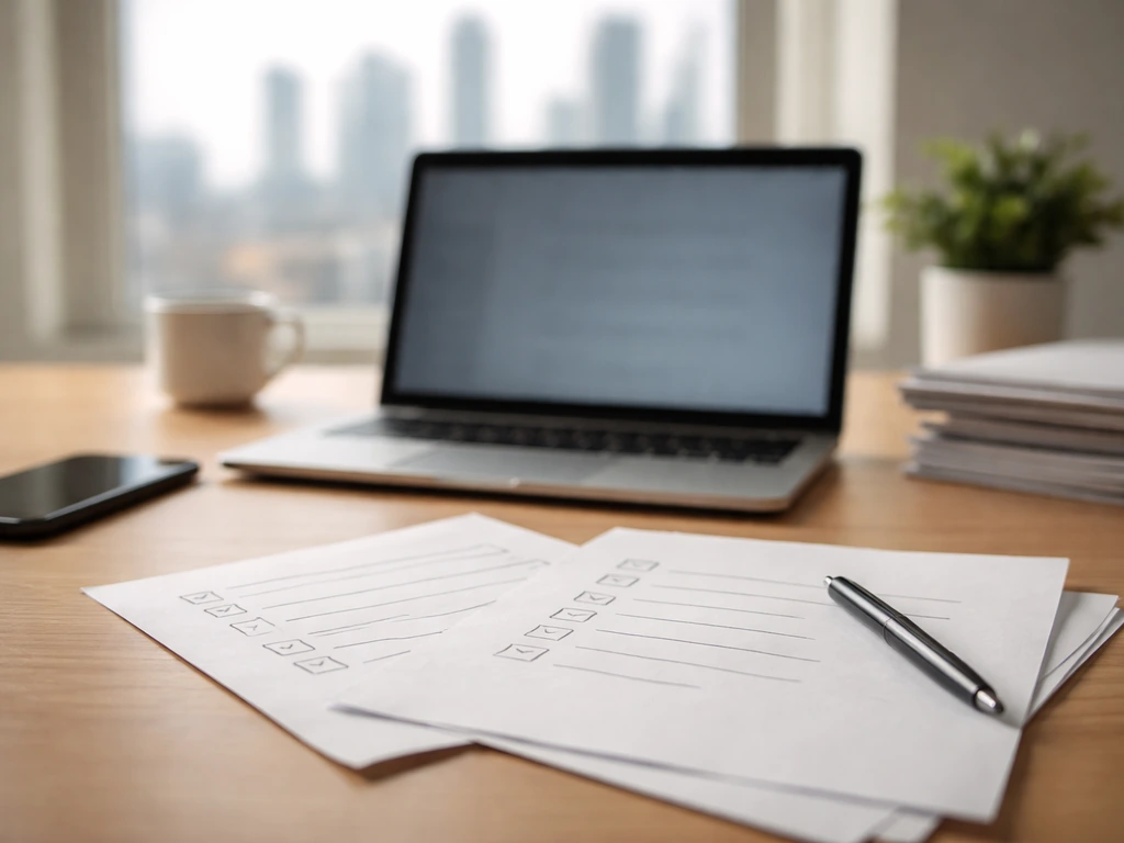 Minimal office desk scene with papers, pen, and a laptop suggesting comparing multiple sources for estimates.