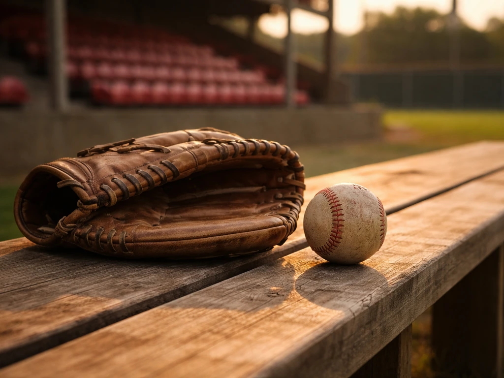 Minimal Reds-era baseball action vibe with a vintage glove and baseball on a sunlit bench