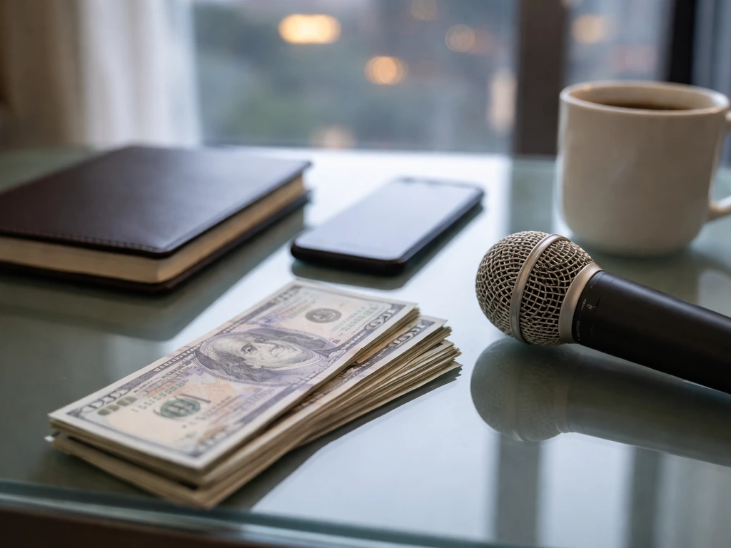 Minimal photo of a money-themed desk scene with a clear generic net-worth estimate feel, no text.
