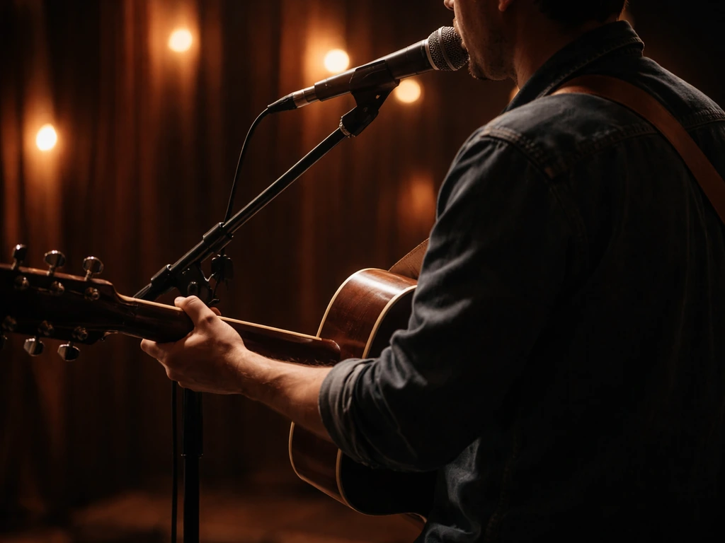 Solo musician performing onstage with a microphone and a guitar in warm concert lighting.