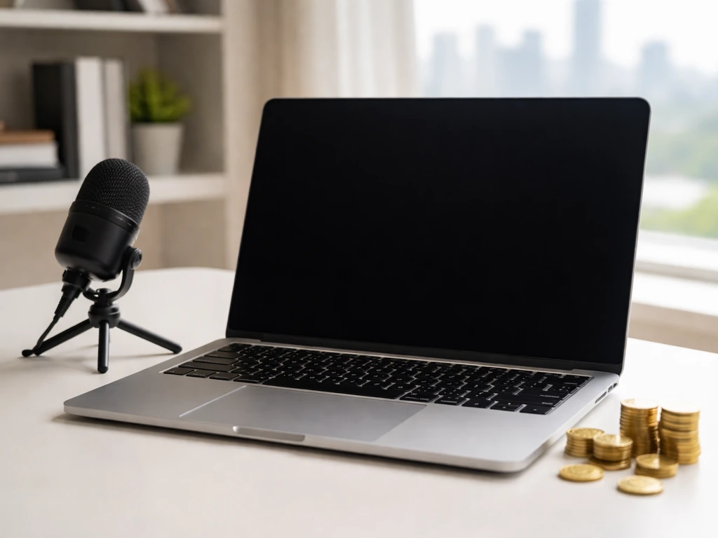 Minimal photo of a laptop on a desk with coins and a small microphone, suggesting media income analysis.