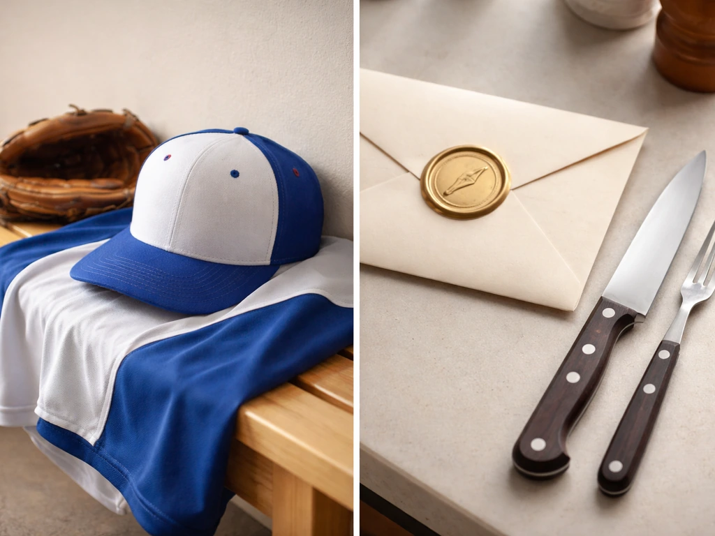 Minimal side-by-side: Blue Jays gear on one side and kitchen items with diacritic-like icon on the other.