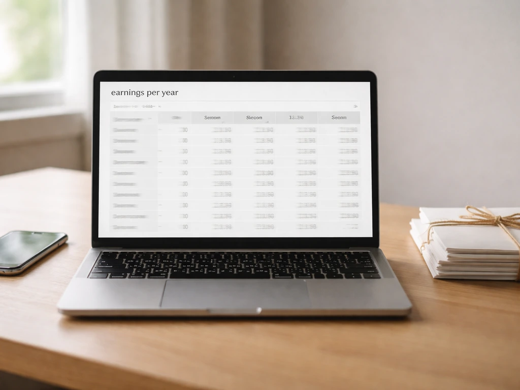 Laptop on a desk showing a non-readable earnings-by-year table, with contract papers nearby.