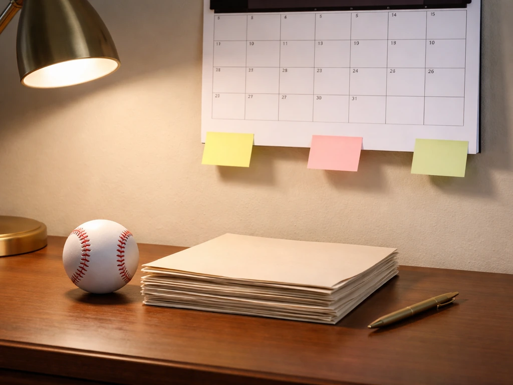 Minimal desk scene with baseball, blank folders, and an unmarked calendar suggesting a 2014–2016 timeline.