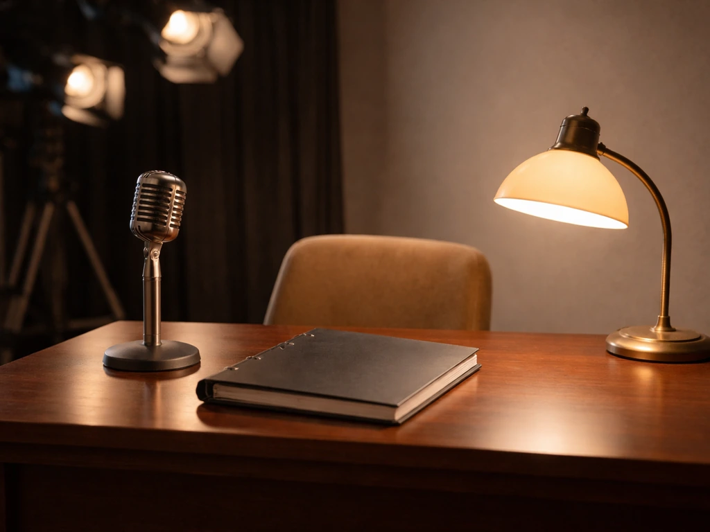 Empty vintage TV studio corner with retro microphone and warm lamp light, media-themed background.