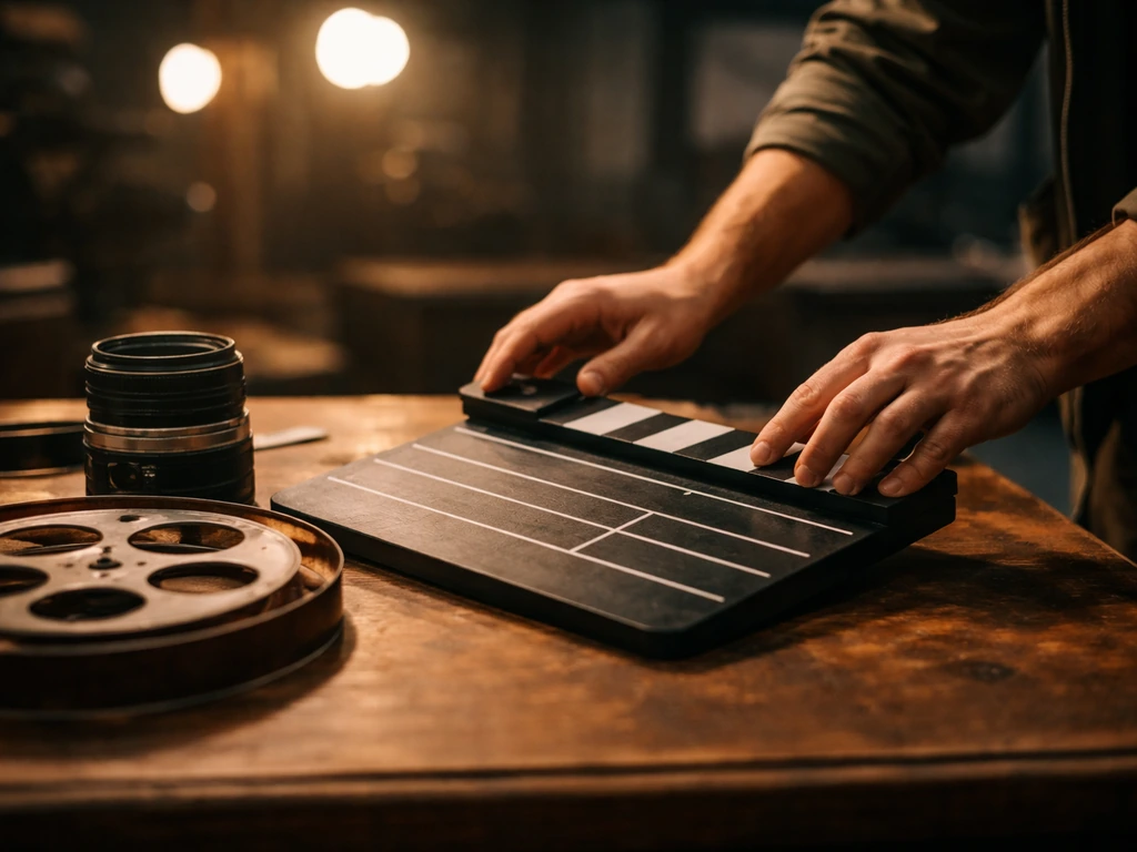 Anonymous hands adjust a vintage clapperboard on a film studio desk with camera lens and film reel