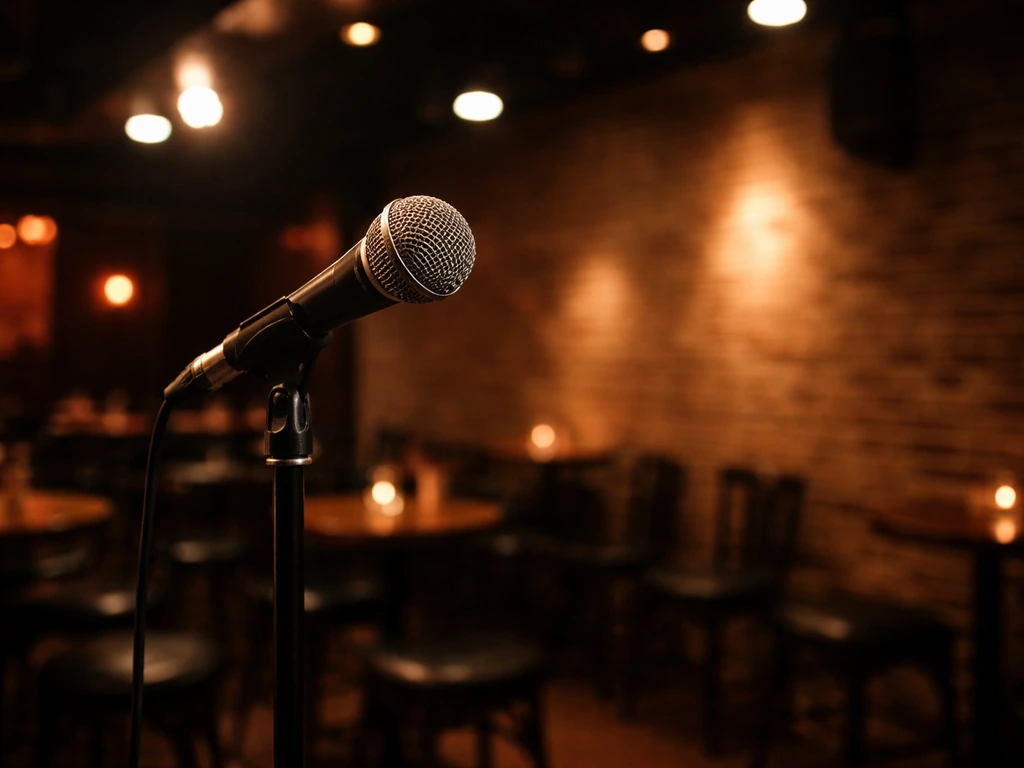 Unattended microphone on a stand in a small comedy club with blurred seating and warm lights.
