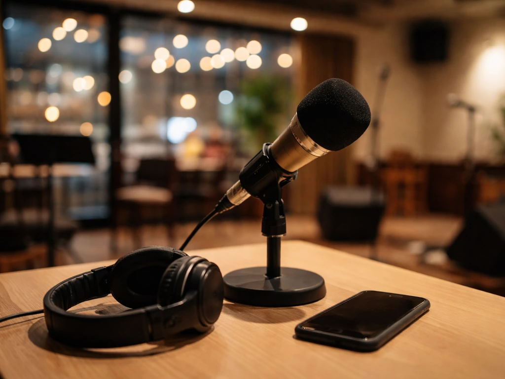 Minimal photo of a mic on a desk beside a laptop, suggesting touring and media income sources