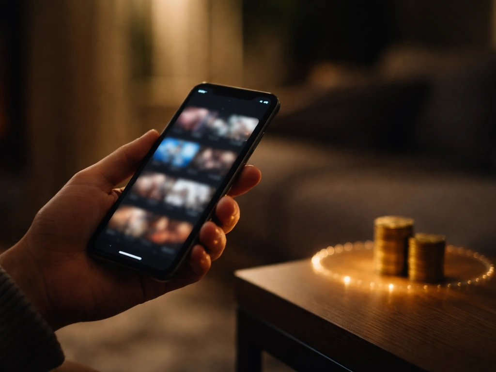 Close-up of a hand holding a phone streaming a movie, with soft red-gold glow suggesting royalties licensing