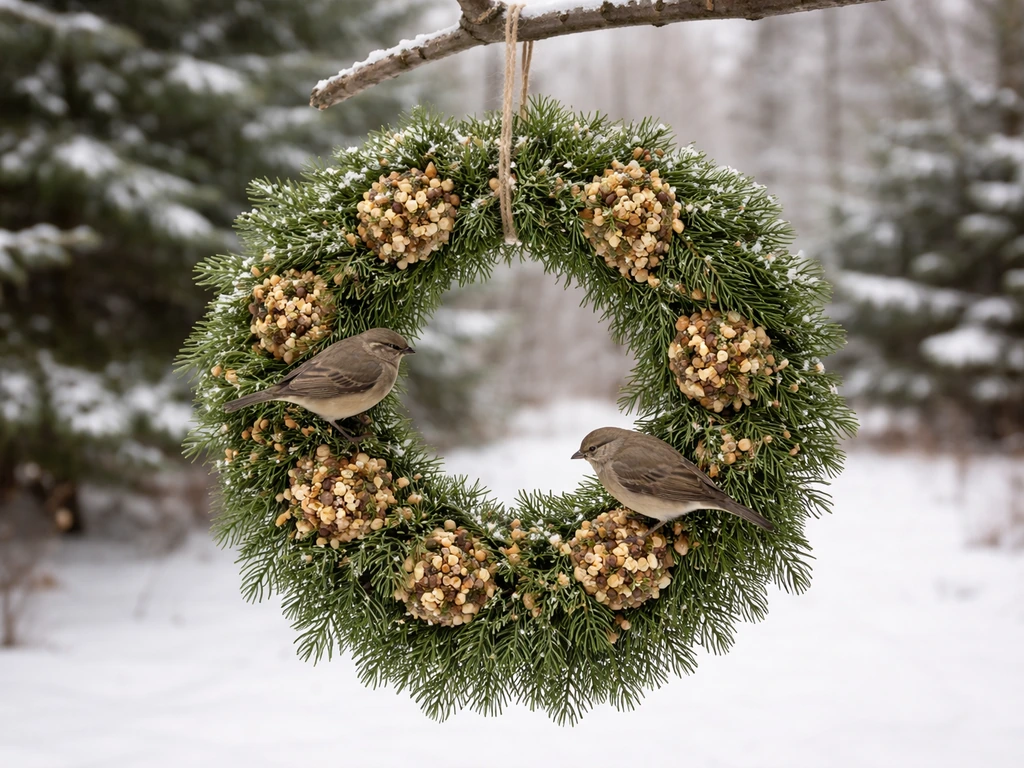 Snowy winter garden with a homemade Christmas wreath bird feeder hanging, birds perched and feeding
