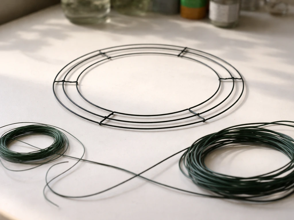 Close-up of an 8–12 inch wire wreath frame with floral and garden wire laid out beside it