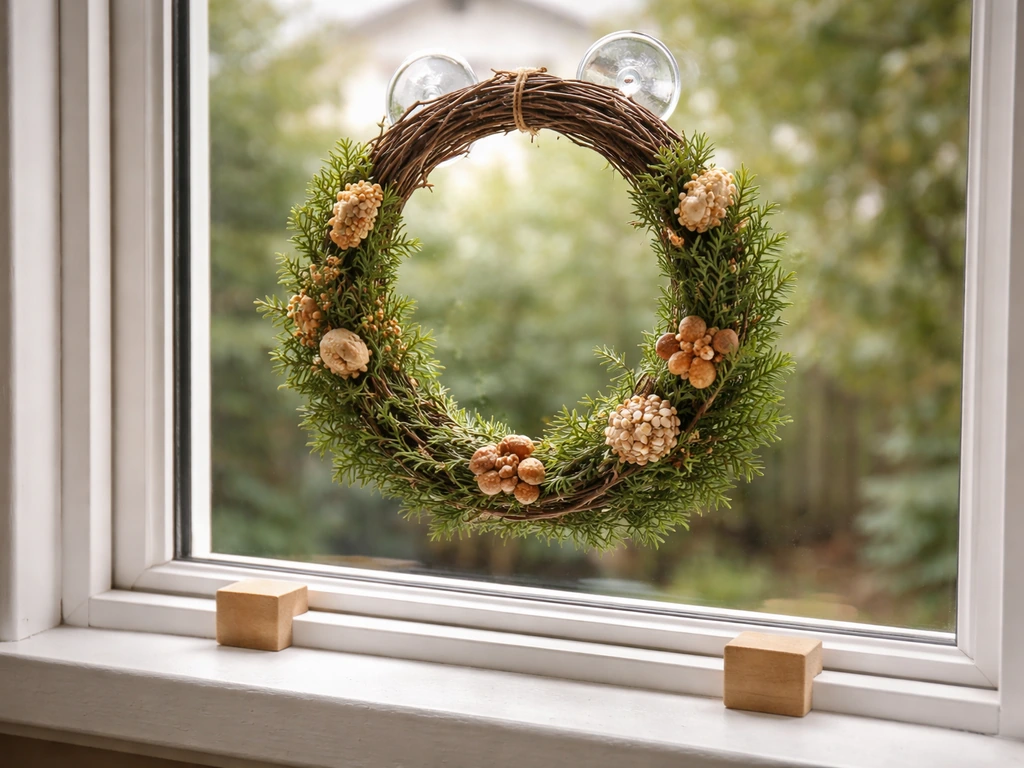 Window-mounted wreath bird feeder hanging near a window with clear spacing for safer bird access