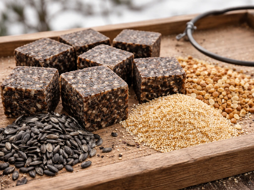 Close-up of winter bird food options—suet cubes and mixed seeds—ready for a wreath feeder