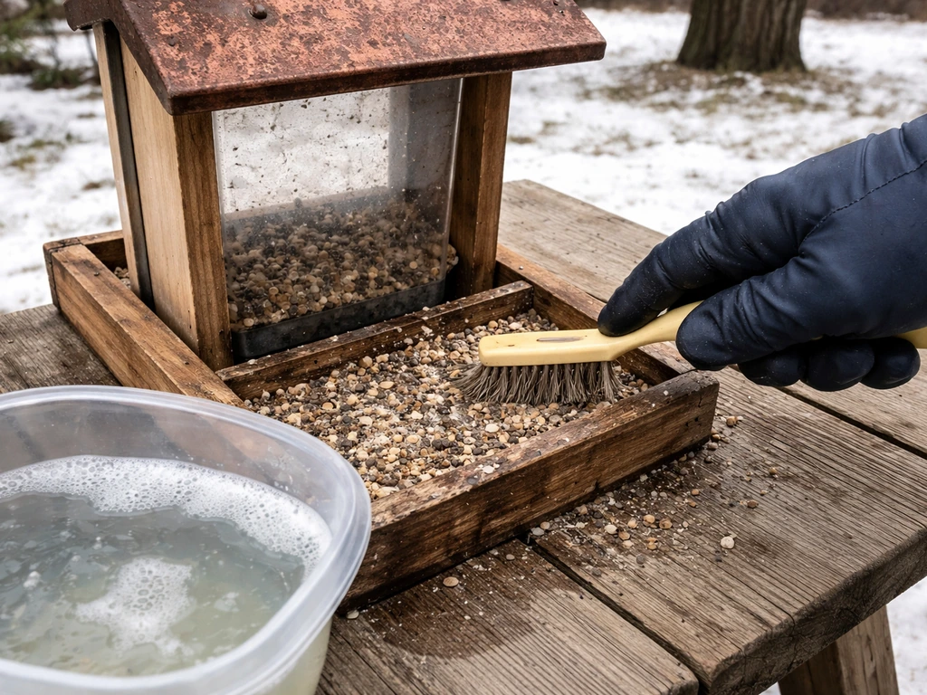 Hand scrubbing a bird feeder with a brush over a rinse basin in a winter yard