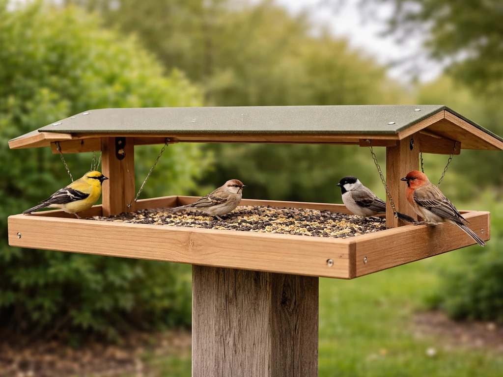 Wide open-platform wingspan bird feeder on a post outdoors with a few small birds perched nearby.