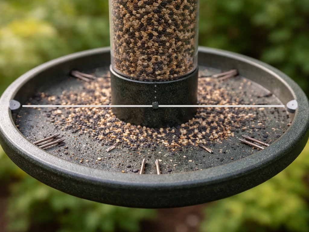 Close-up of a tube bird feeder with wide landing ring, showing space for wingspan and safe perching.