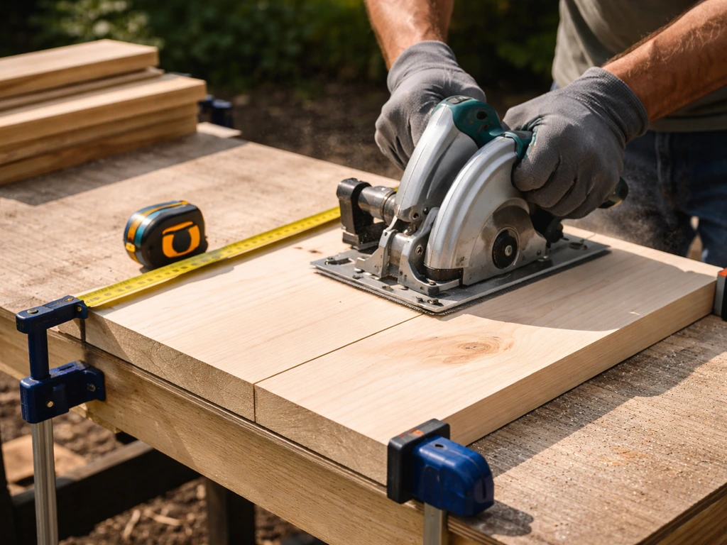 Hands cutting a square 16x16 deck board on a workbench with a visible measuring guide outdoors.