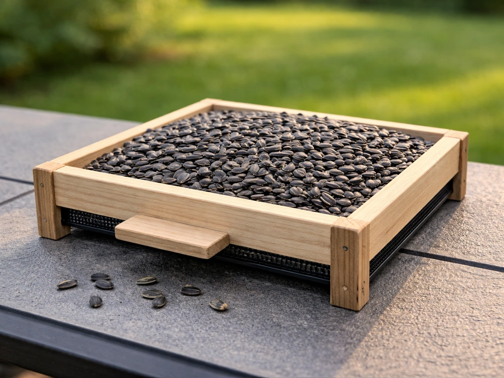 Open platform bird feeder filled with black oil sunflower seeds on a patio, fresh and clean.