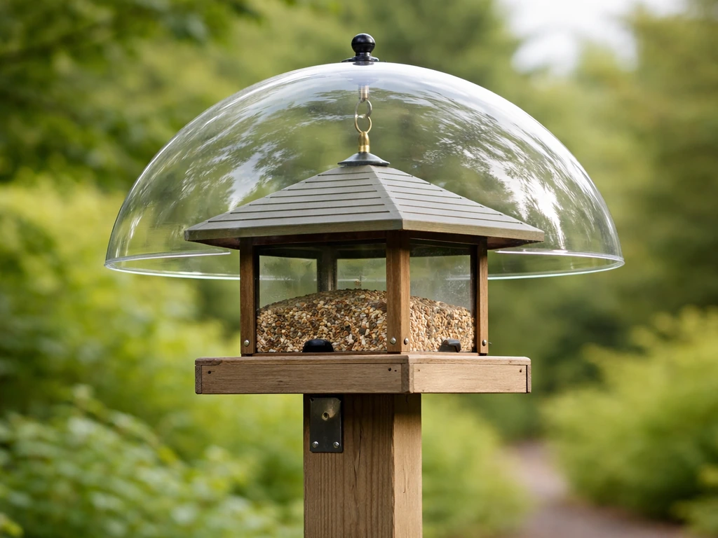 Finished bird feeder with clear dome cover mounted outdoors, protecting seed from weather.