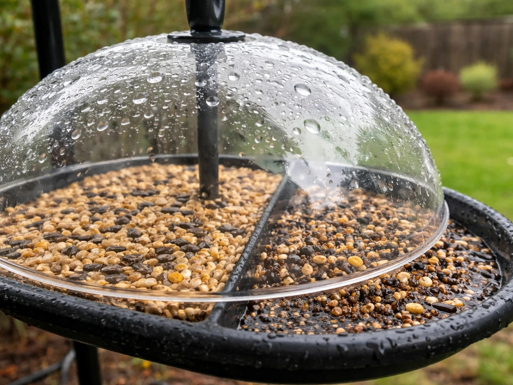 Clear bird feeder dome with dry loose seed underneath and wet clumped seed outside in light rain