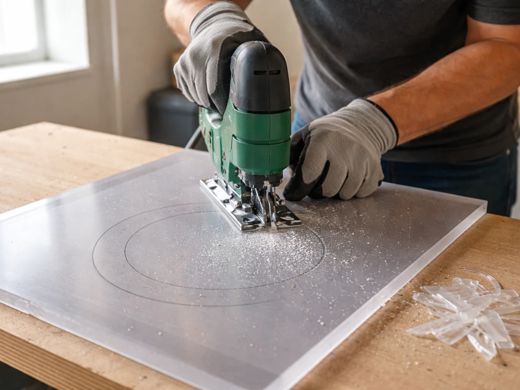 Person cutting a circular polycarbonate sheet dome cover with a jigsaw while wearing protective eyewear