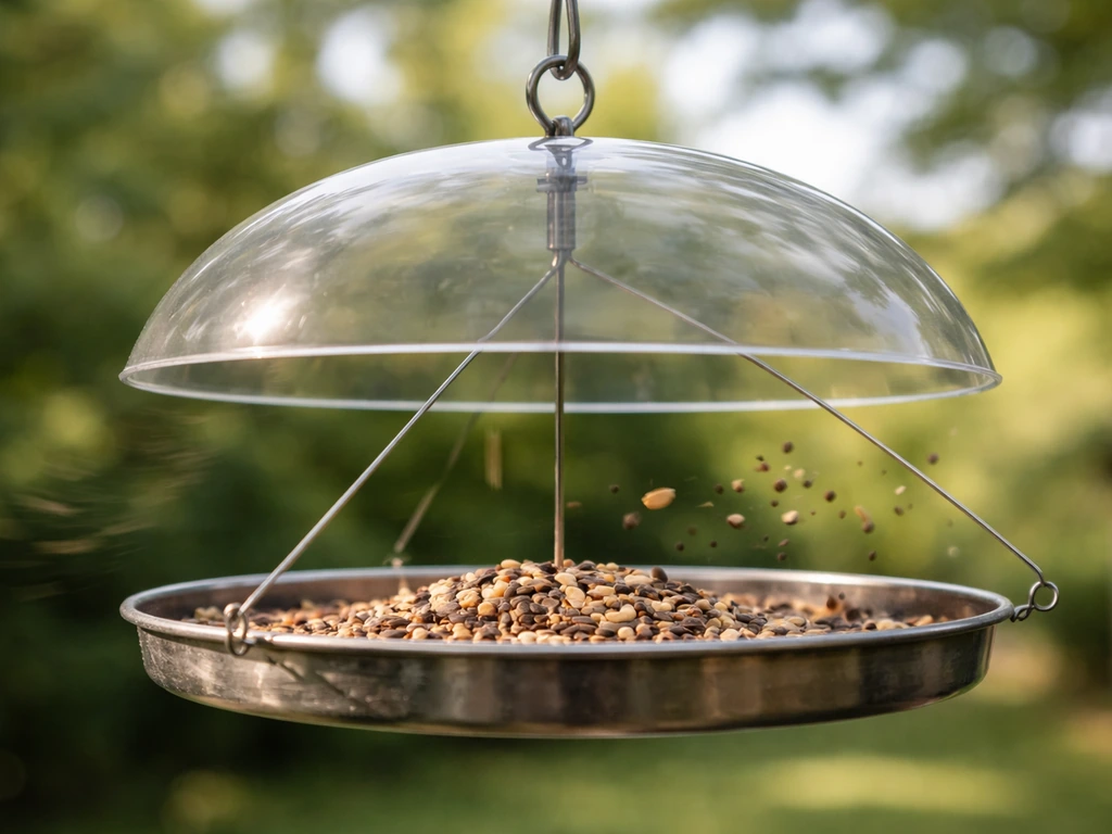 Hanging bird feeder dome with a second stabilizer wire stopping wind-driven pendulum swing.