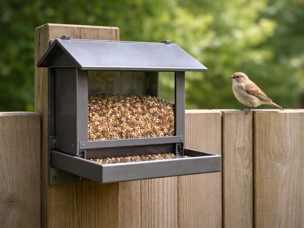 Durable DIY metal bird feeder mounted outdoors on a fence post, with a small bird nearby.