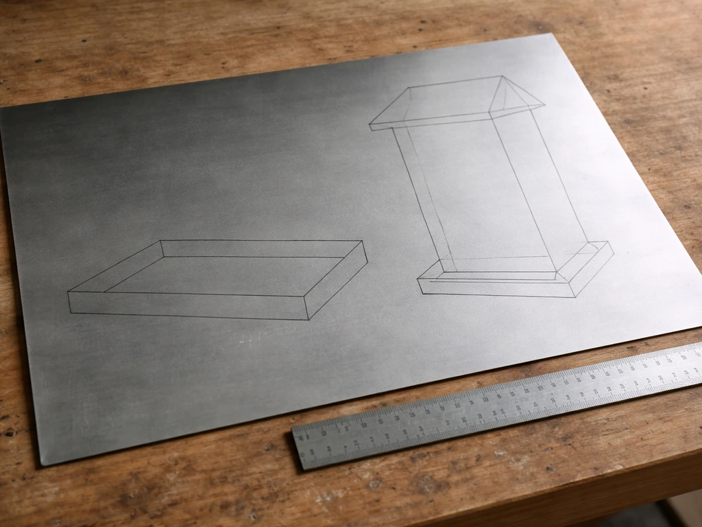 Metal sheet on a workbench showing tray and hopper feeder outlines with a nearby ruler for sizing.