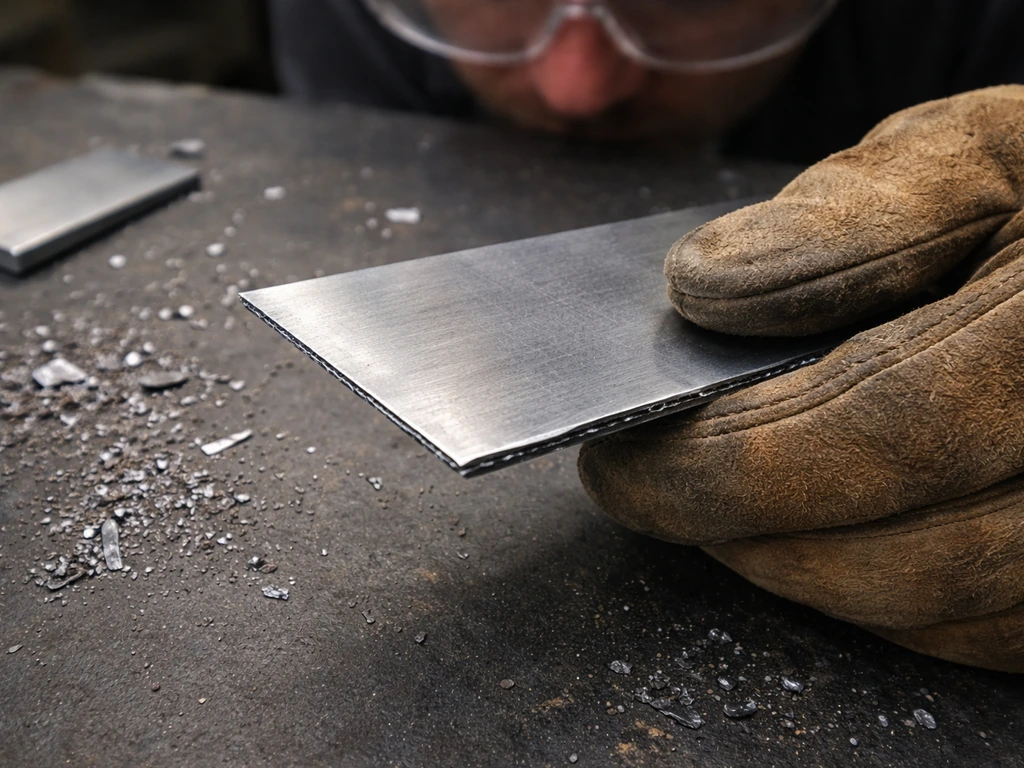 Gloved hands holding cut metal edge with visible shavings and safety glasses in use.