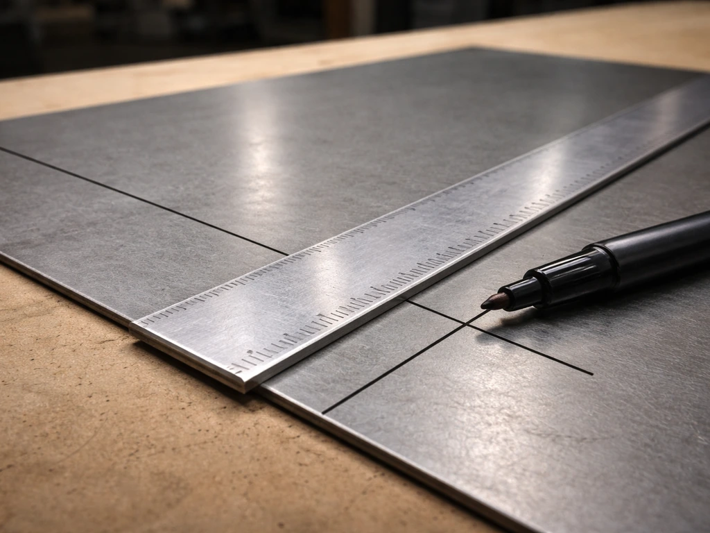 Gray sheet metal on a workbench with a straight-edge and permanent marker marking cut lines.