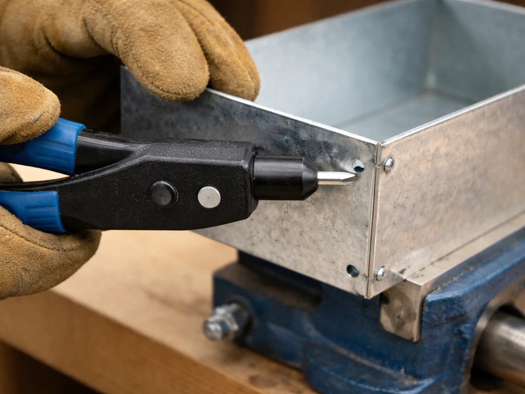 Gloved hands drill and set pop rivets on an outdoor bird feeder corner using a handheld rivet tool.
