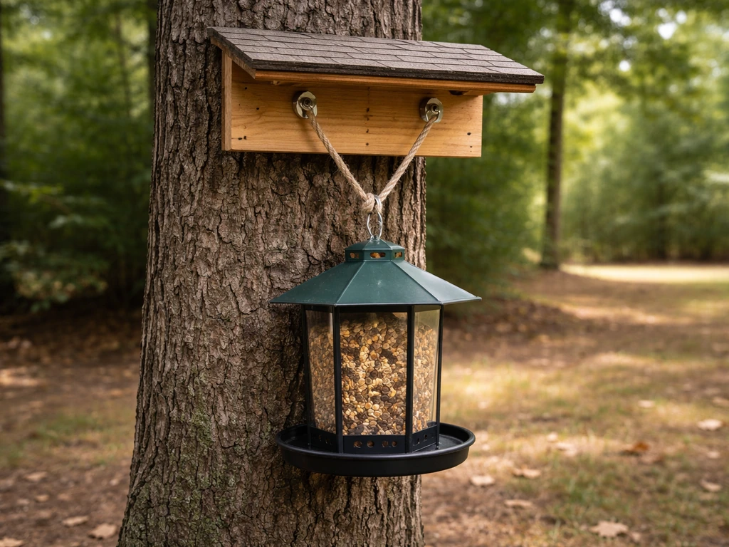 Outdoor wooden mount with a hanging bird feeder, stainless screw eyes, and securing chain/rope under overhang.