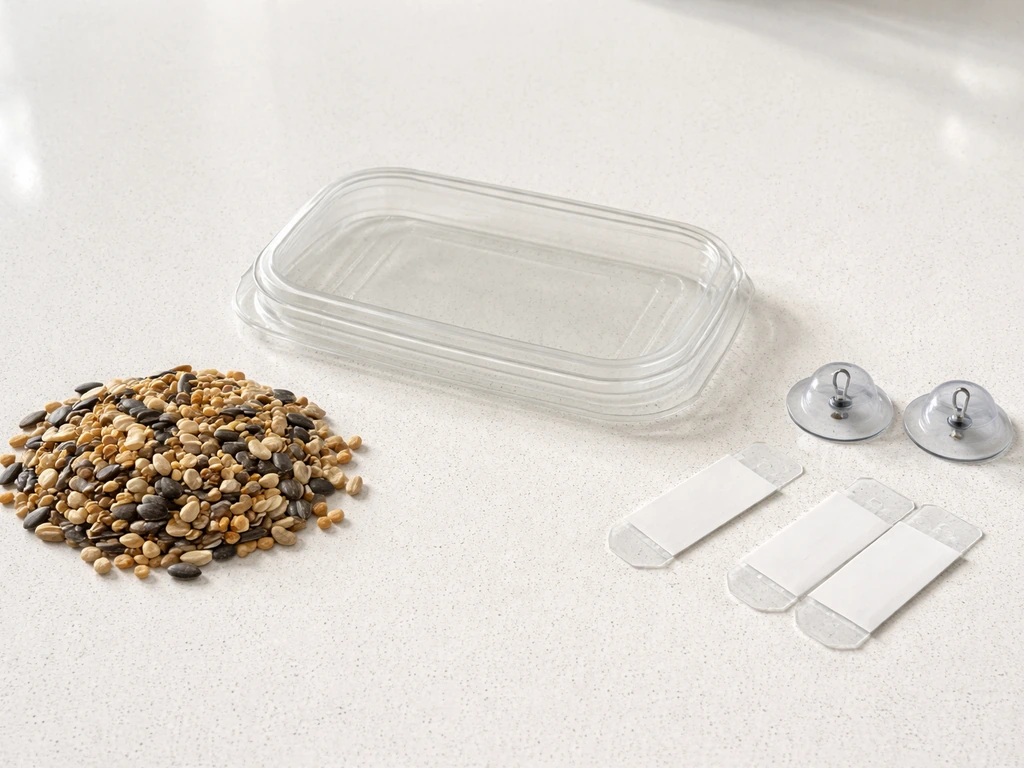 Flat-lay of clear shallow plastic container, birdseed, and window-safe mounting supplies for a beginner feeder build