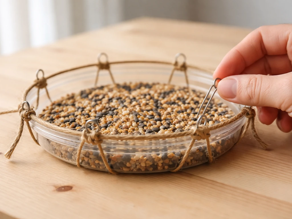 Close-up of an assembling shallow clear deli tray bird feeder base with simple mounting prep