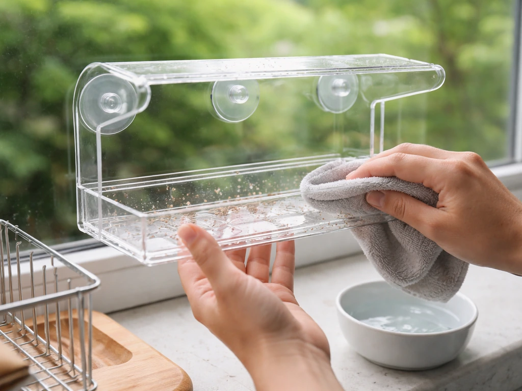 Hands wiping and rinsing a window bird feeder tray to keep it clean and prevent disease.