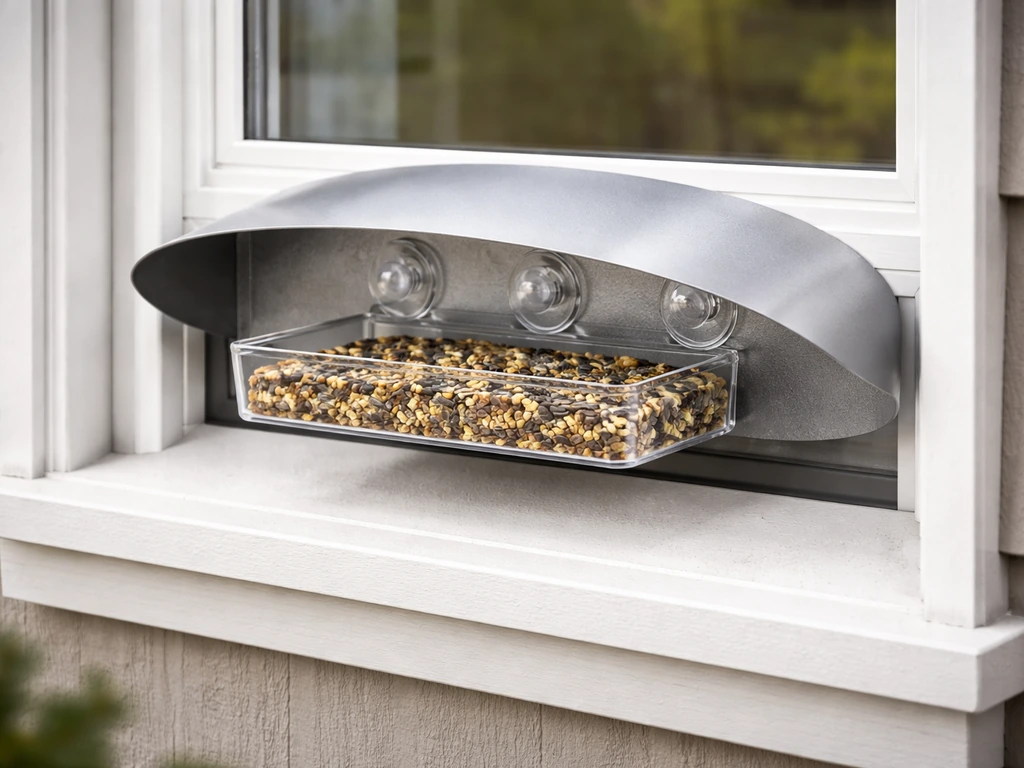 Outdoor window feeder with a squirrel-proof barrier and clear placement near the window, no animals visible.
