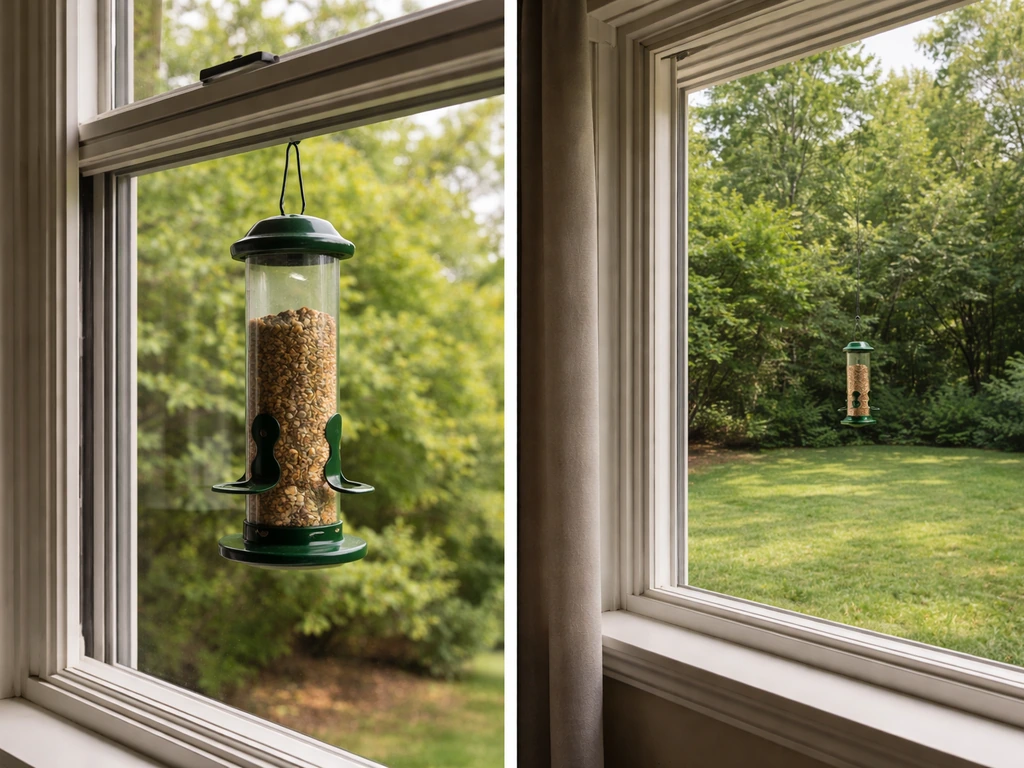 Outdoor bird feeder shown close to a window and another far from glass for safety distance.