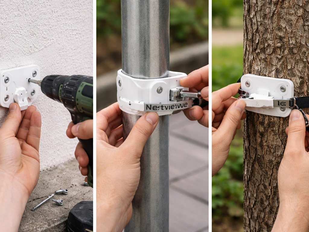 Hands fastening mounting brackets on wall, pole, and tree for an outdoor bird feeder.
