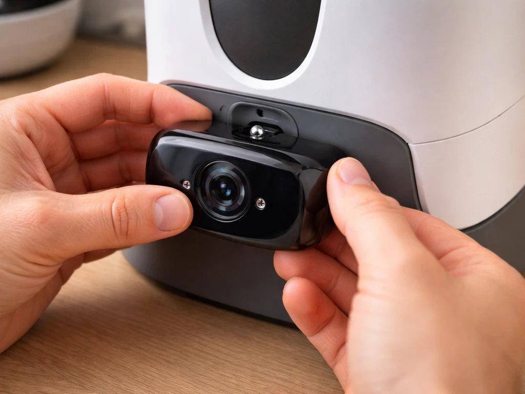 Hands attaching the front camera to the feeder body with a visible screw in a simple indoor workspace