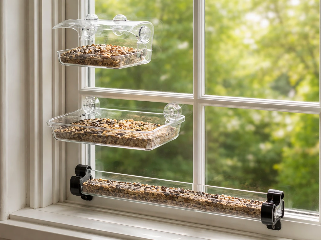 Three different window feeder setups on a single window: suction-cup platform, tray, and rail-style