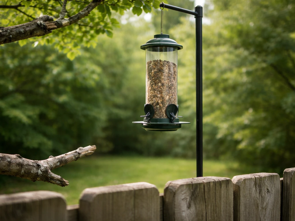 Bird feeder mounted at perch height with nearby branches showing clear visibility and safe landing spots.