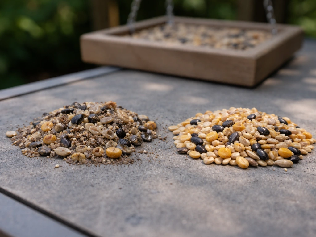 Fresh dry birdseed beside stale, slightly damp clumped seed on a patio table.